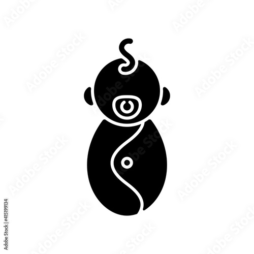 Male newborn black glyph icon. Baby phase. Infancy development. Age period from birth to 2 months. Tracking feedings and diapers. Silhouette symbol on white space. Vector isolated illustration