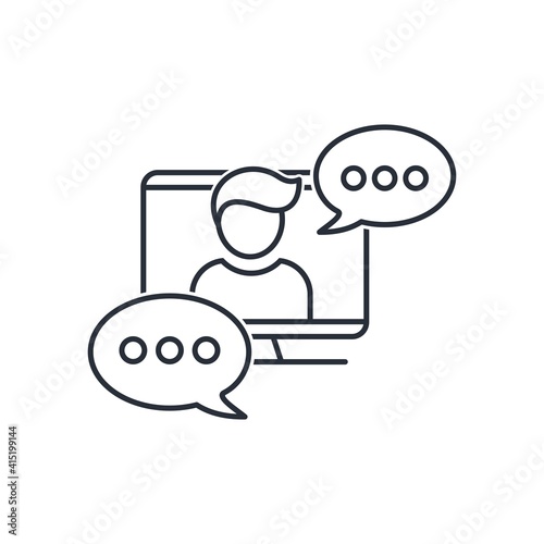 Computer, man, message box. Concept video conference, interview, video call. Vector icon isolated on white background. 