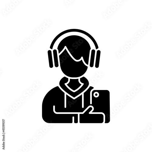 Teenage boy black glyph icon. Male teenager. Adolescence. Emotional development. School stress, peer problems. Mood swings. Growth spurt. Silhouette symbol on white space. Vector isolated illustration