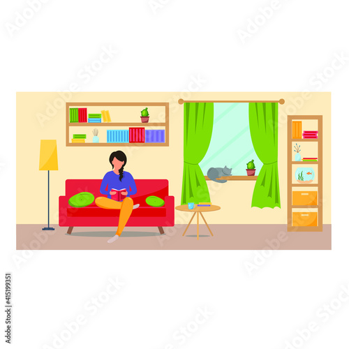 girl with a book sitting in the living room on the couch. Freelance or studying concept. Cute illustration in flat style.
