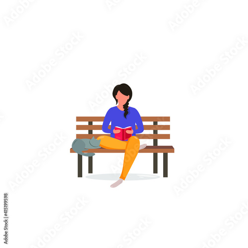 Girl sitting on bench with a cat and reading a book. Concept illustration for freelance, working, studying, education, work from home, healthy lifestyle. Cute vector illustration in flat style