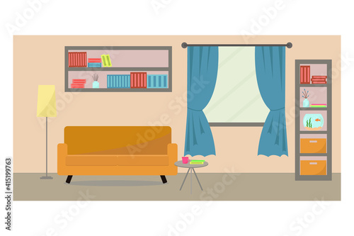 A cozy interior of a modern elegant living room with a sofa, table, furniture, aquarium and various decorations. Flat style vector design template
