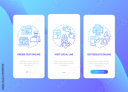 Lab testing ordering onboarding mobile app page screen with concepts. Online request, medical report walkthrough 3 steps graphic instructions. UI vector template with RGB color illustrations