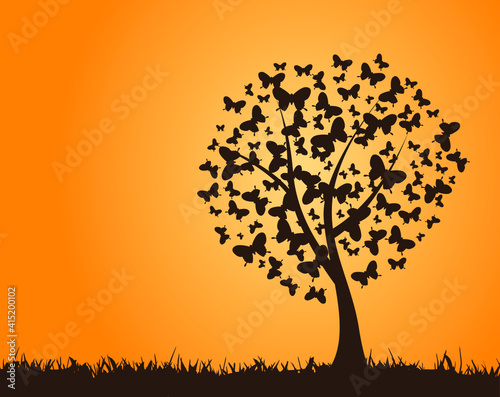 Tree with beautiful butterflies Vector, tree silhouette with sun © Ganesh