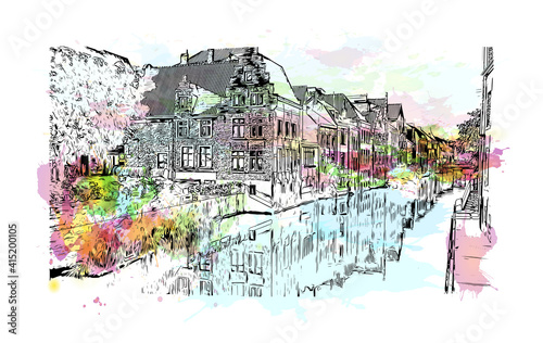 Building view with landmark of Ghent is a port city in northwest Belgium. Watercolour splash with hand drawn sketch illustration in vector.