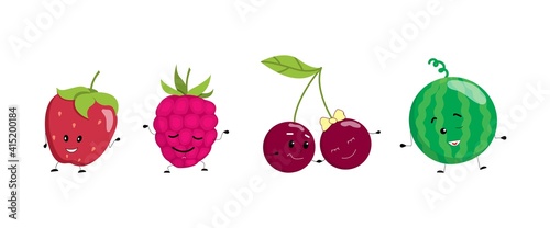 Berry set. Raspberry, strawberry, cherry and watermelon collection. Vector illustration in cartoon cute style isolated on white background. Icon set