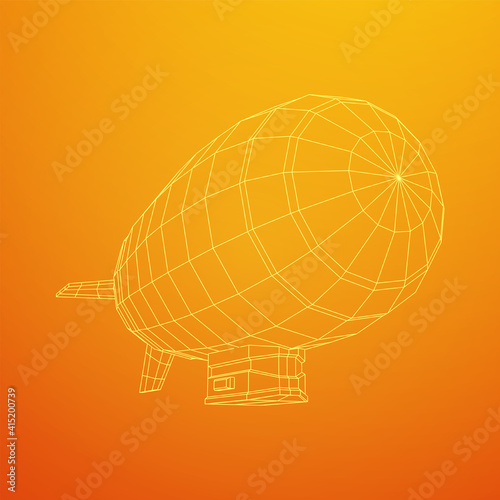 Airship dirigible airway travel transport. Air ship with gondola cabin. Wireframe low poly mesh vector illustration.
