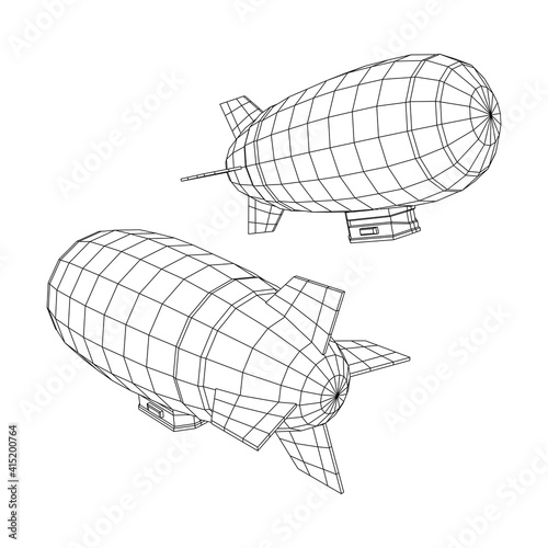 Airship dirigible airway travel transport. Air ship with gondola cabin. Wireframe low poly mesh vector illustration.