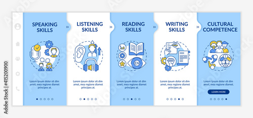 Foreign language learning competences onboarding vector template. Speaking, reading, writing skills. Responsive mobile website with icons. Webpage walkthrough step screens. RGB color concept