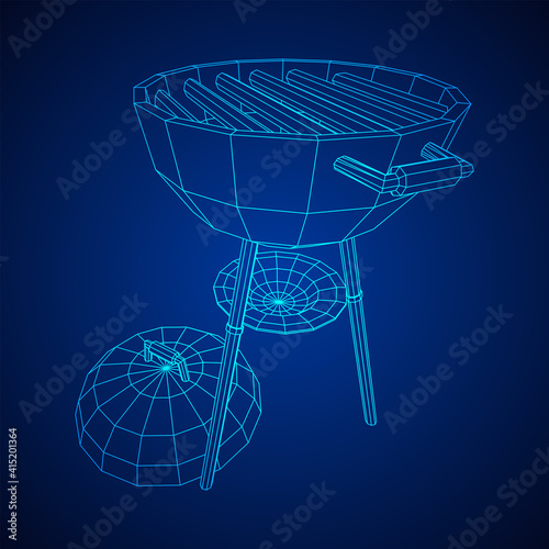 Round barbecue grill. Outdoor bbq party. Wireframe low poly mesh vector illustration