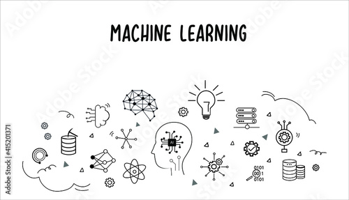 Machine learning vector banner with flat doodle icons showing learning, neural network,  automation, artificial intelligence, Algorithm, data mining elements.
