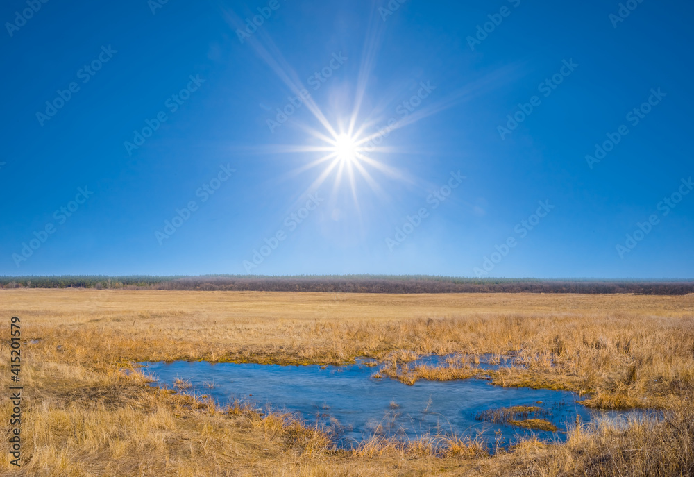 small blue lake among a prairie at the sunny day, spring countryside background
