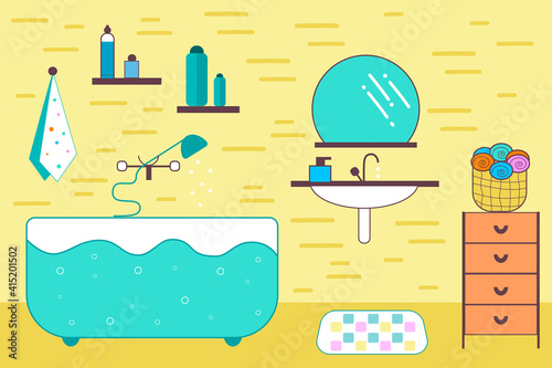 Bathroom Or Toilet In Flat Style. Bathroom Or Shower Room Decoration. Toiletries. 