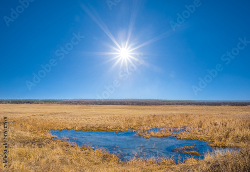small blue lake among a prairie at the sunny day, spring countryside background