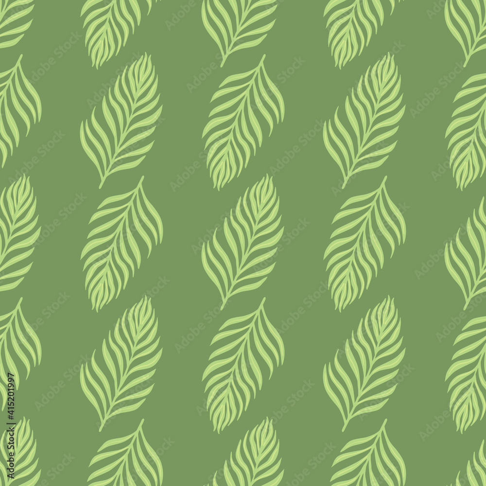 Exotic nature seamless doodle pattern with simple green fern silhouettes. Pastel tones exotic foliage artwork.