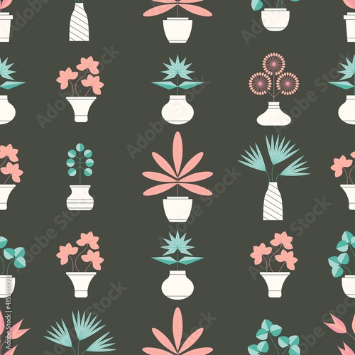 Abstract Domestic plants. White Flower pots. Minimalistic Icons. Vector illustration. Flower shop concept. Simple geometric design. Trendy square Seamless Pattern. Textile, wrapping paper template
