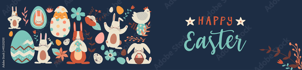 Fototapeta premium Happy easter cute folk rabbit egg doodle banner