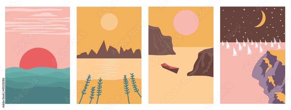 Four Landscapes set in boho minimal style vector illustration