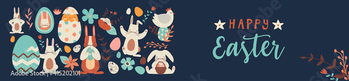 Happy easter cute folk rabbit egg doodle banner
