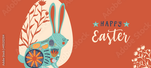 Happy easter cute floral rabbit egg doodle banner