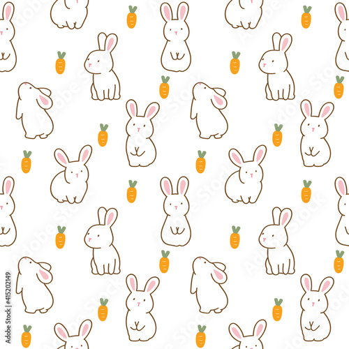 Seamless Pattern with Cartoon Rabbit and Carrot Illustration Design on White Background