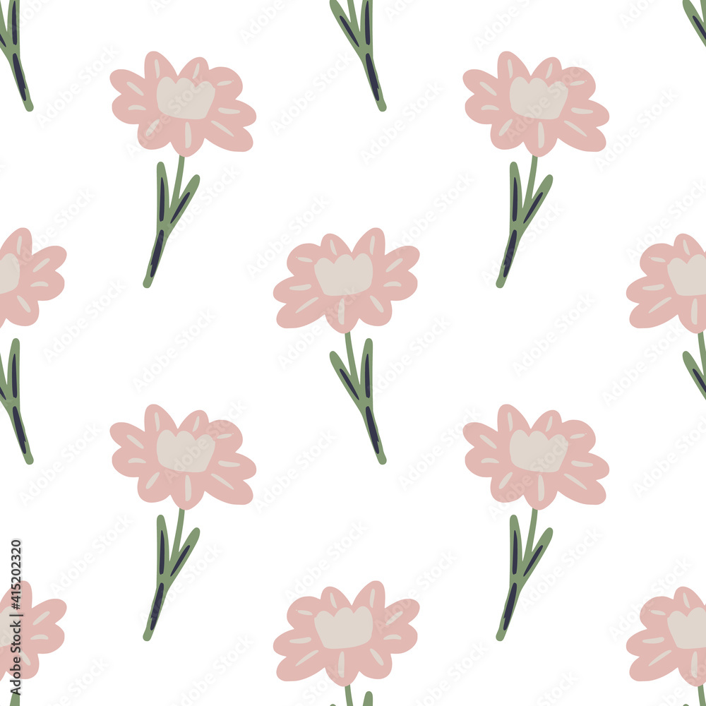 Isolated seamless hand drawn nature pattern with pastel pink flower silhouettes shapes. White background.