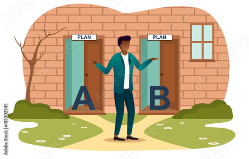 Male character is standing next to two doors and trying to choose the right path. Concept of plan choise. Man doesnt know where to go. Flat cartoon vector illustration