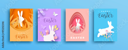 Happy Easter paper cut rabbit egg spring card set