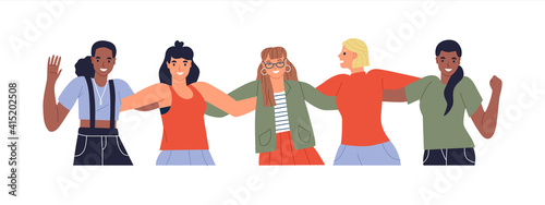 Isolated diverse young woman friends hug together