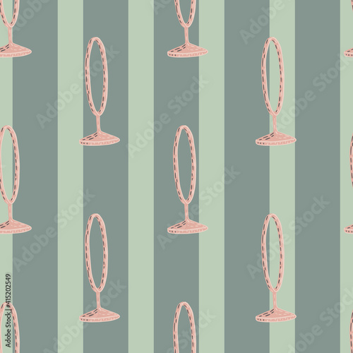 Decorative seamless pattern with pink colored circus ring ornament. Grey striped background.