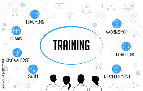 Training concept mind map with icons and keywords. Flat blue color training icons in doodle background.Teaching, learn, knowledge, skill, workshop, coaching, development icons.