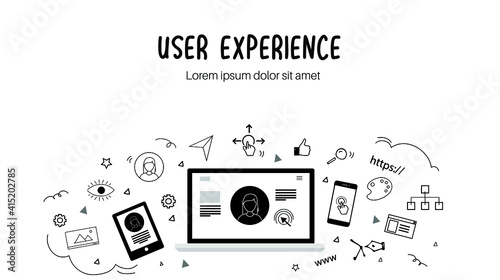 User Experience design doodle banner. UXD concept with icons for user interface, design, interaction design, information architecture.