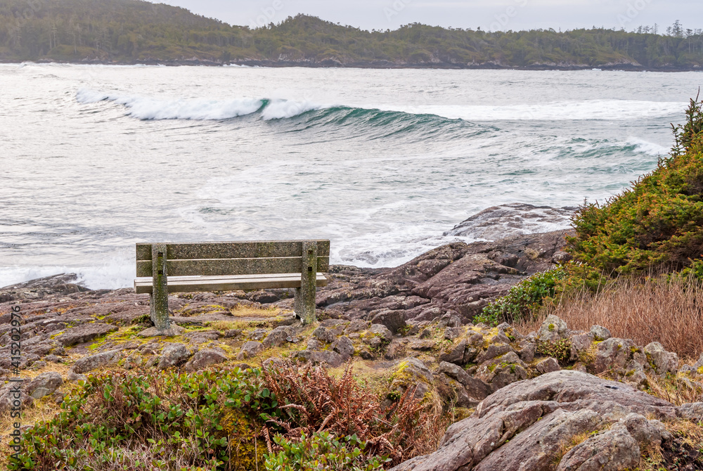 A picnic bench with a gorgeous view at Pacific Ocean, British Columbia, Canada.