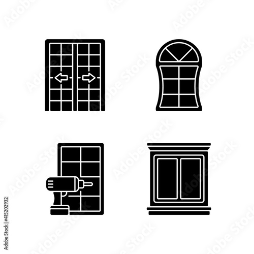 Replacement door opportunity black glyph icons set on white space. Patio doors. Unique styles and features. Home improvement. Decorative trim. Silhouette symbols. Vector isolated illustration