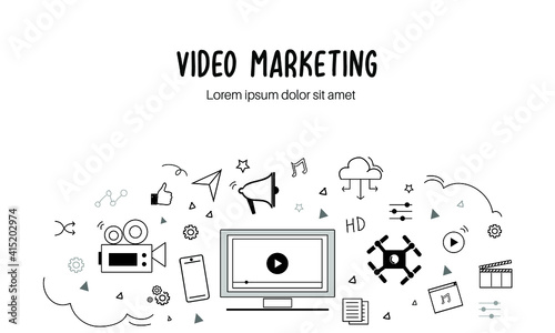 Video marketing concept black vector illustration. Videography, video, audio, video camera, drone camera, video reel, mobile, sound settings, mp3 files flat icons banner.