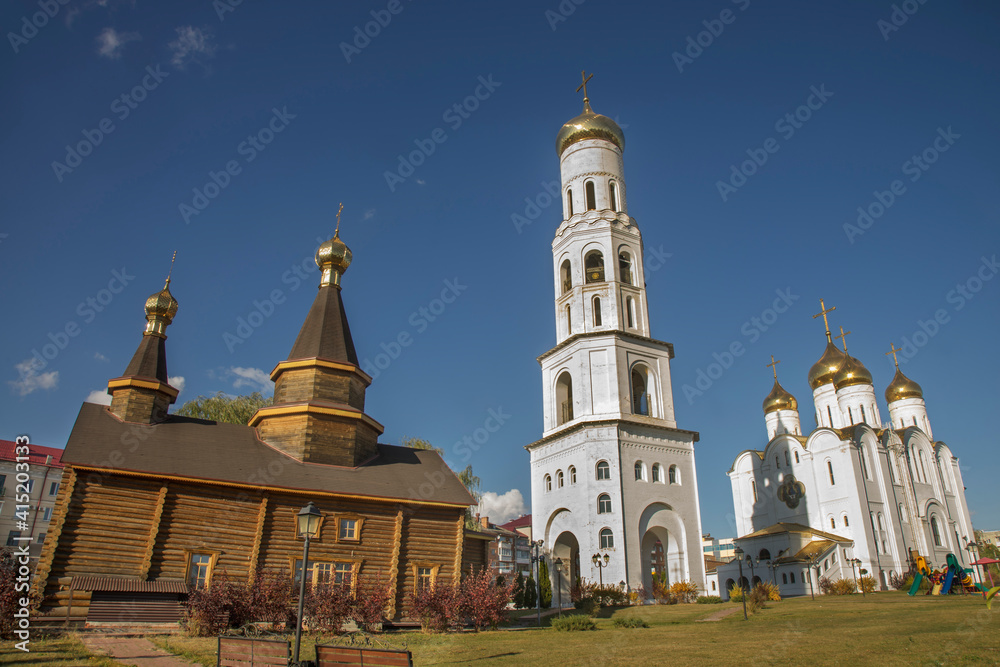 Wooden chapel in name of New Martyrs and Confessors and Trinity cathedral in Bryansk. Russia