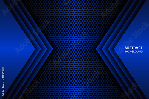 Futuristic abstract dark blue background with carbon fiber mesh. Modern sports gaming banner. Blue gradient geometric shapes on carbon grid.