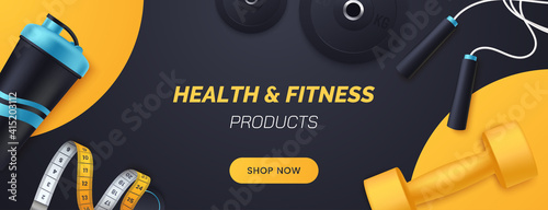 Sports and fitness products banner design. Flat lay composition with dumbbells, barbell plates, shaker, skipping rope, measuring tape. Advertisement concept for sports store. Vector illustration.