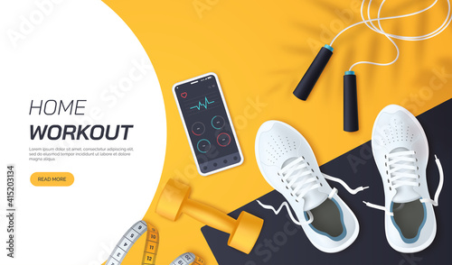 Home workout vector illustration. Flat lay composition with white sports sneakers, dumbbells,skipping rope and measuring tape. Fitness and training at home. Healthy lifestyle. Realistic 3d style.