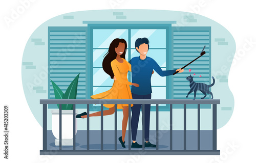 Male and female characters are taking a selfie on the balcony. Romantic couple is taking photos on the balcony of their hotel room. Flat cartoon vector illustration