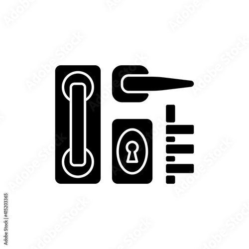 Door hardware black glyph icon. Locks and levers. Latch mechanism. Installation in windows and balcony doors. Residential doorknobs. Silhouette symbol on white space. Vector isolated illustration