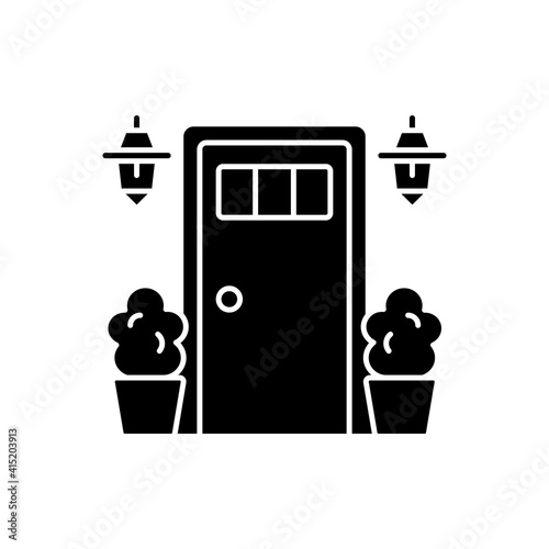 Entry doors black glyph icon. Increasing home curb appeal. Providing security and energy efficiency. Making first impression for guests. Silhouette symbol on white space. Vector isolated illustration