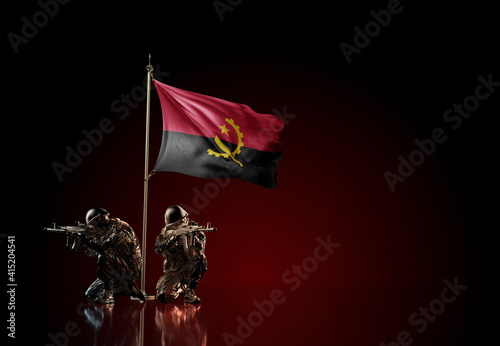Concept of military conflict. Waving national flag of Angola. Illustration of coup idea. Two soldier statue guards defending the symbol of country against red wall