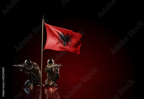 Concept of military conflict. Waving national flag of Albania. Illustration of coup idea. Two soldier statue guards defending the symbol of country against red wall