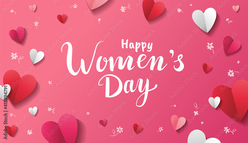 Happy Women's Day vector greeting card design with beautiful hand written text and paper hearts with white hand drawn flowers on pink background Happy Women's Day vector greeting card design with beautiful hand written text and paper hearts with white hand drawn flowers on pink background