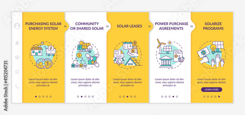 Create electricity vector infographic template. Elements of install solar panel presentation design elements. Data visualization with 5 steps. Process timeline chart. Workflow layout with linear icons