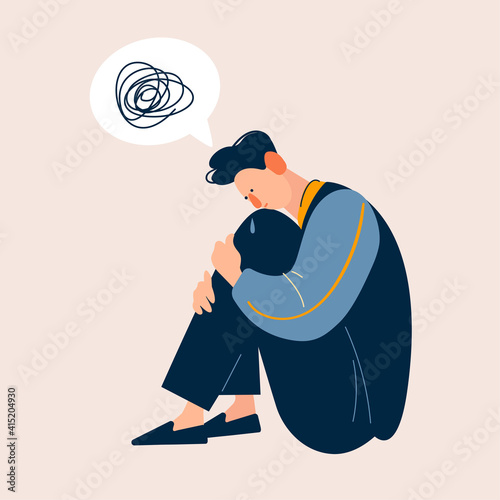 Illustration of despaired man hug his knee and cry when sitting alone on the floor. Flat cartoon vector illustration.