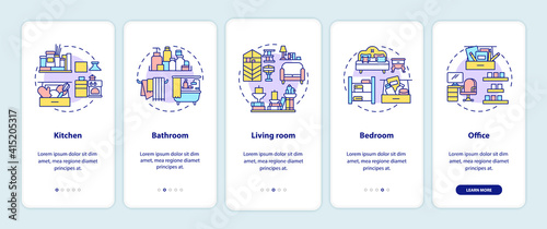 Decluttering areas onboarding mobile app page screen with concepts. Places in home to clean walkthrough 5 steps graphic instructions. UI vector template with RGB color illustrations