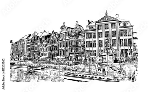 Building view with landmark of Ghent is a port city in northwest Belgium. Hand drawn sketch illustration in vector.