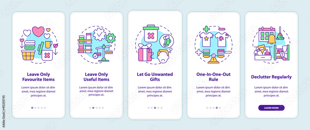 Decluttering tips oonboarding mobile app page screen with concepts. House cleaning and decluttering walkthrough 5 steps graphic instructions. UI vector template with RGB color illustrations